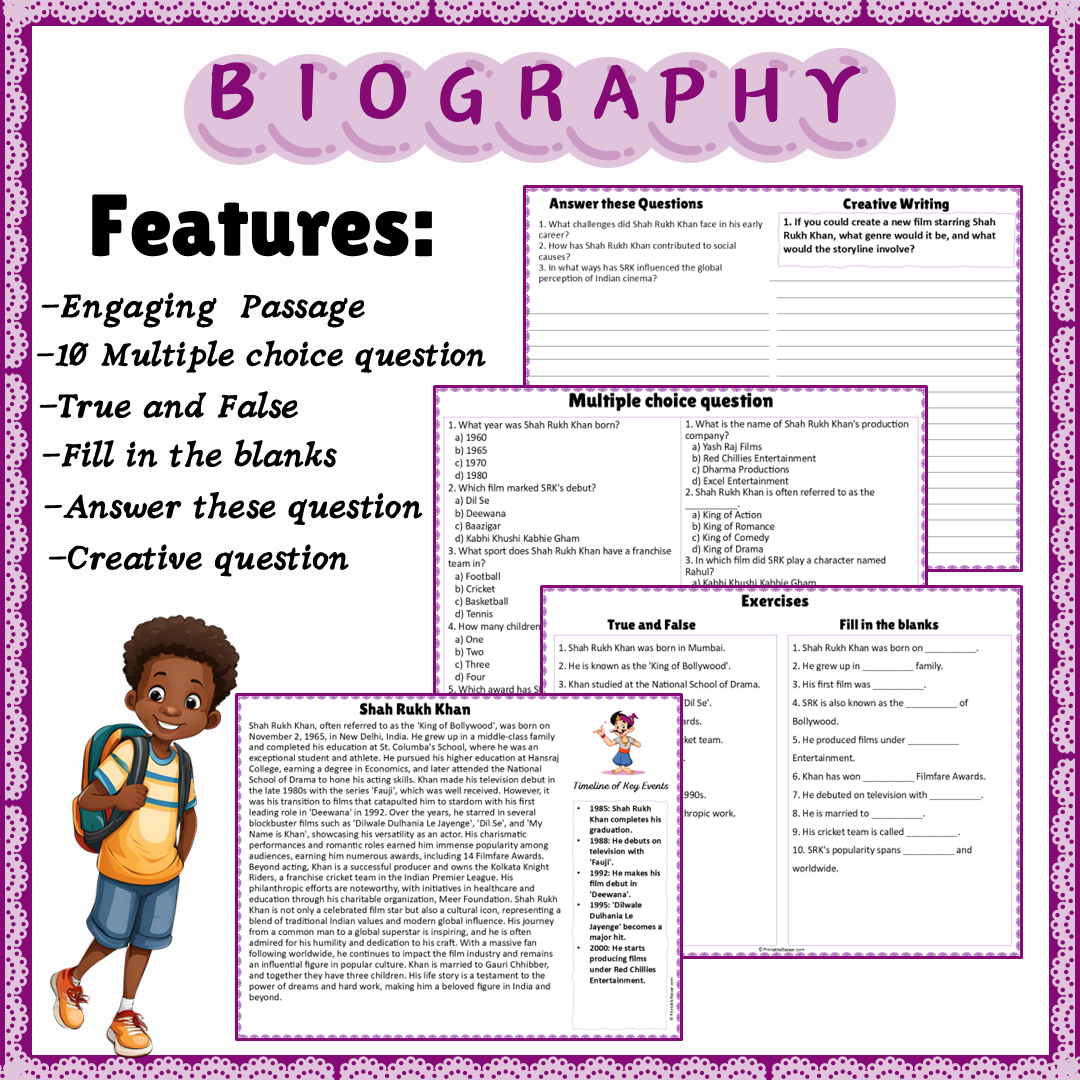 Shah Rukh Khan | Biography Reading Comprehension and Questions Worksheet