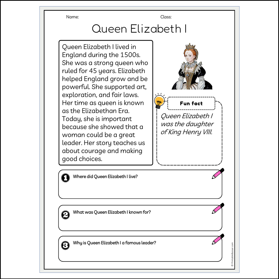 Queen Elizabeth I | Reading Passage Comprehension Questions Writing Facts Worksheet