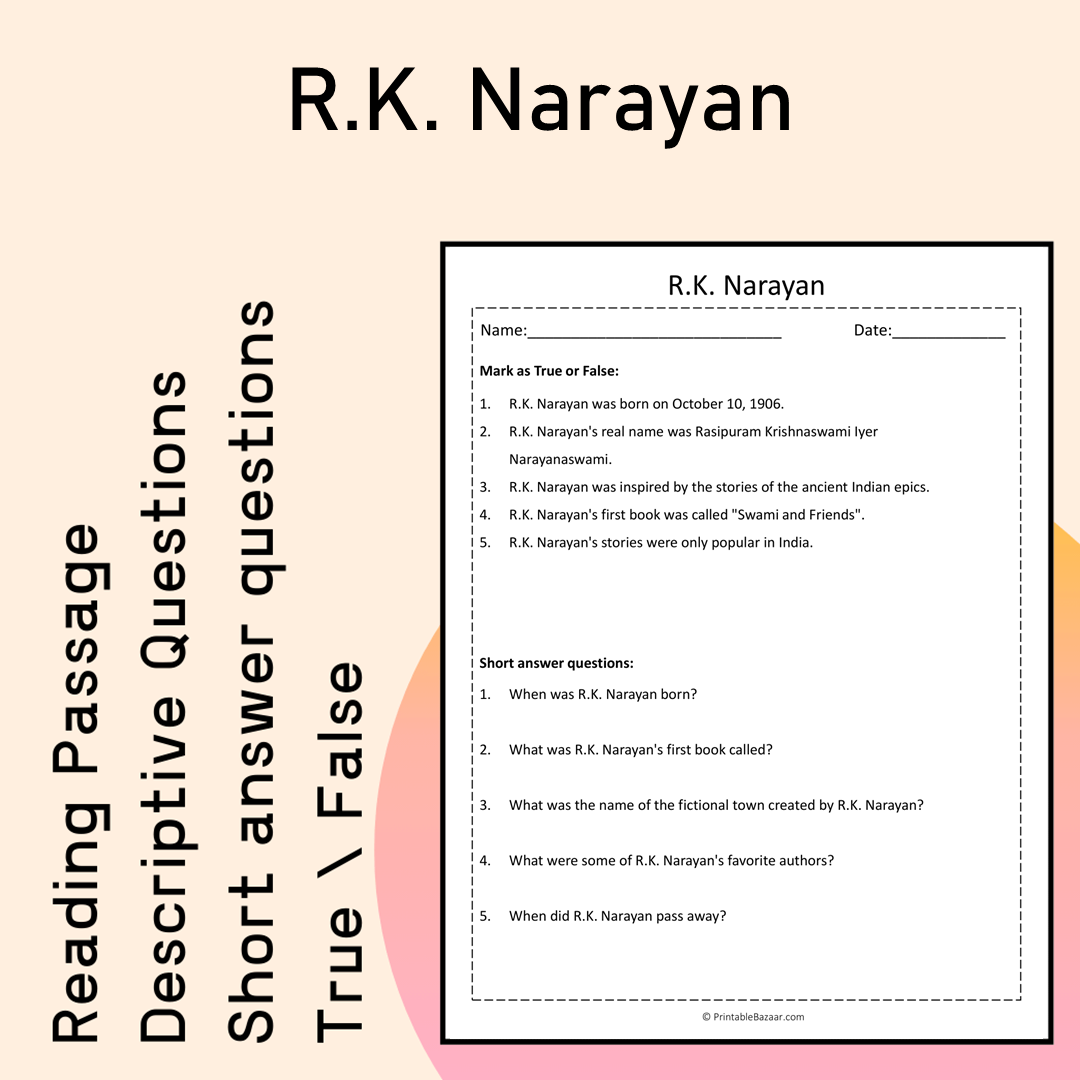R.K. Narayan | Reading Comprehension Passage Printable Activity