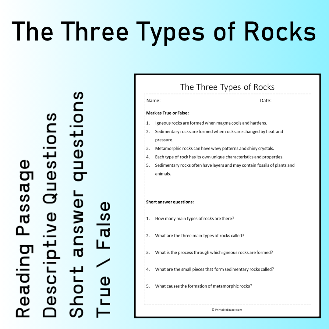 The Three Types of Rocks | Reading Comprehension Passage Printable Worksheet