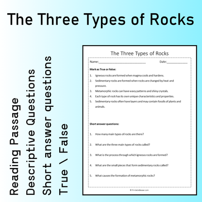 The Three Types of Rocks | Reading Comprehension Passage Printable Worksheet