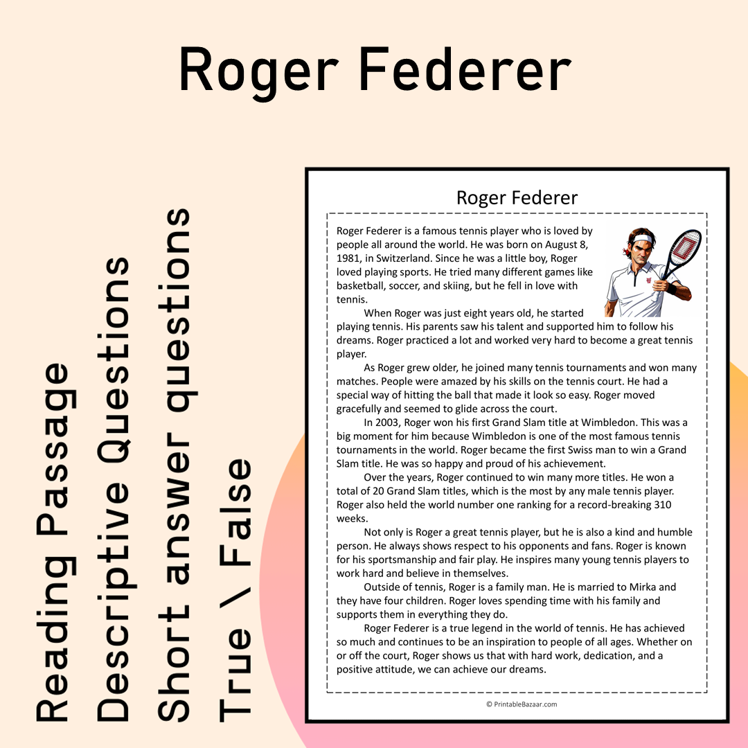 Roger Federer | Reading Comprehension Passage Printable Activity