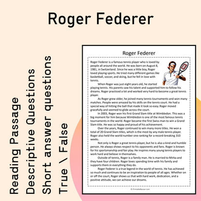 Roger Federer | Reading Comprehension Passage Printable Activity