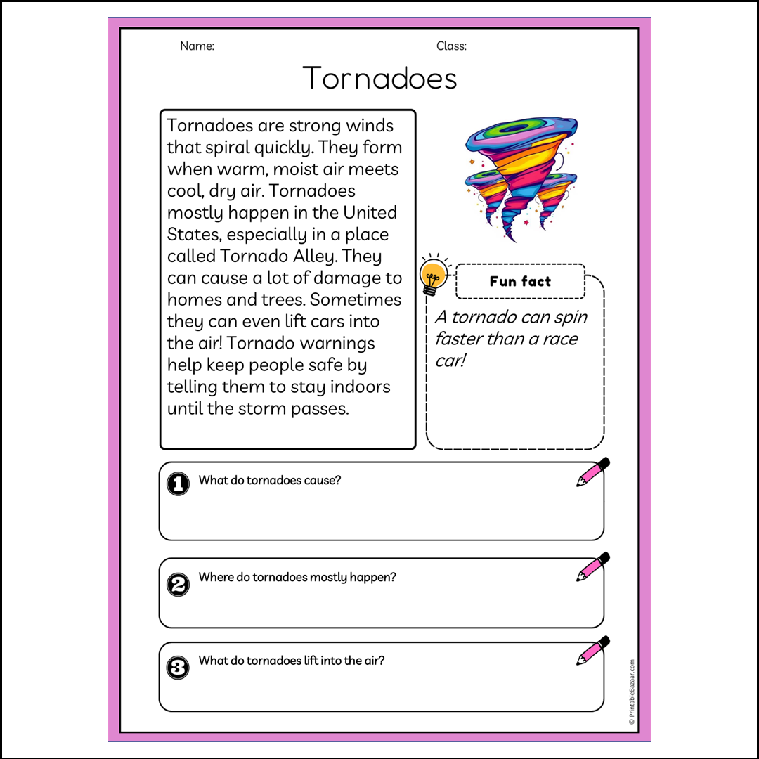 Tornadoes | Reading Passage Comprehension Questions Writing Facts Worksheet