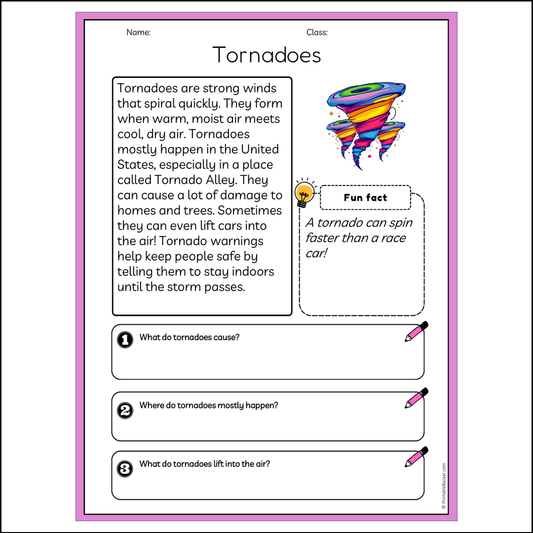 Tornadoes | Reading Passage Comprehension Questions Writing Facts Worksheet