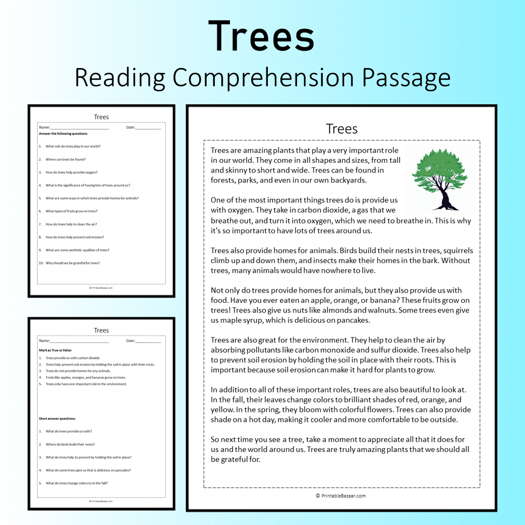 Trees | Reading Comprehension Passage Printable Worksheet