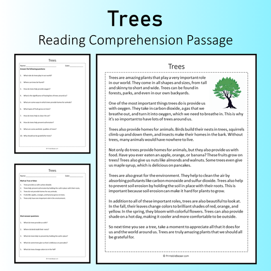 Trees | Reading Comprehension Passage Printable Worksheet