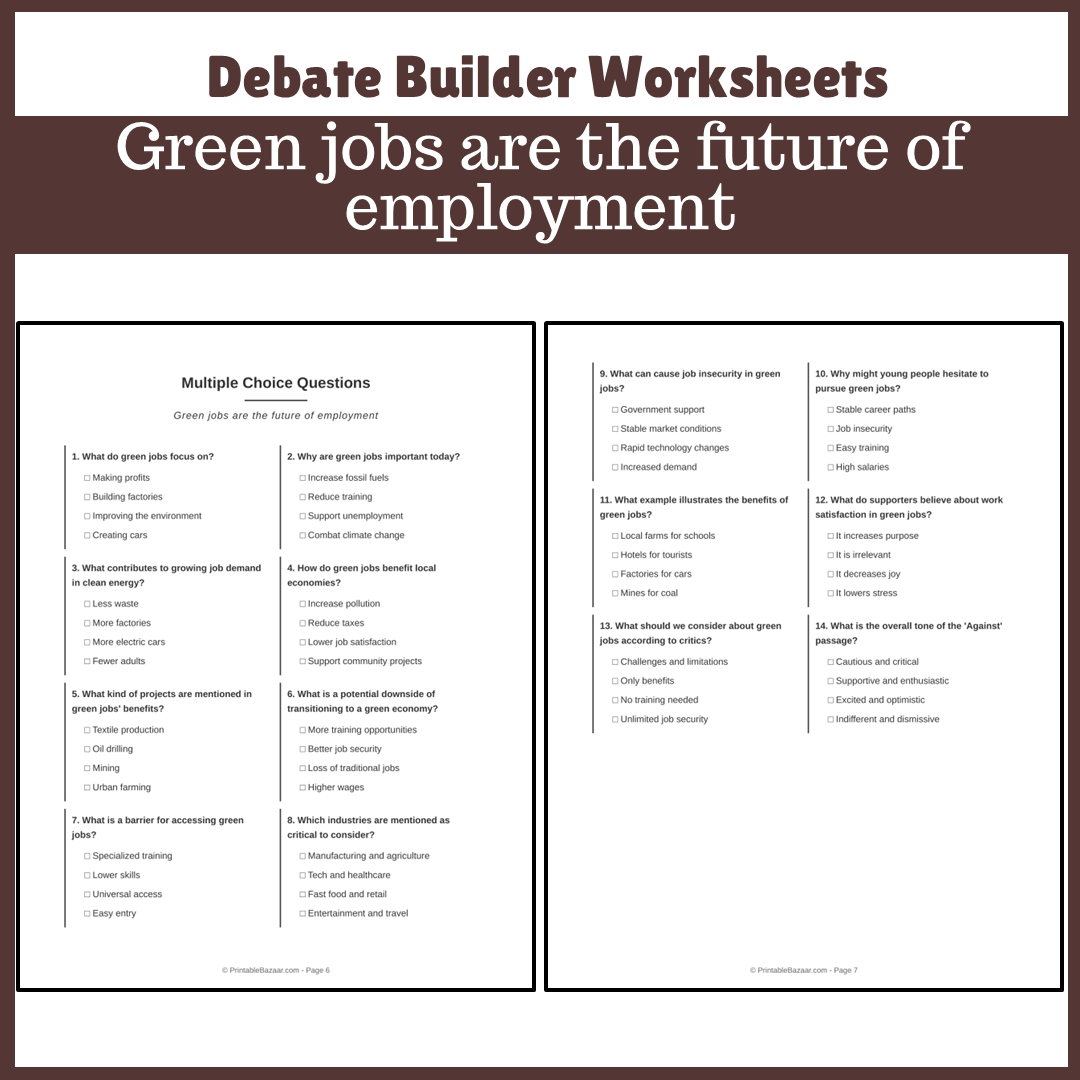 Green jobs are the future of employment | Favour and Against Worksheet Printable Activity