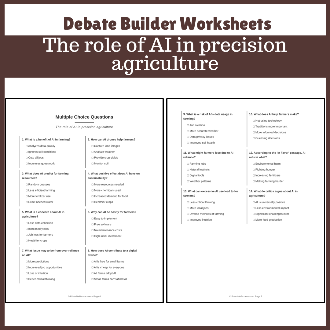The role of AI in precision agriculture | Favour and Against Worksheet Printable Activity