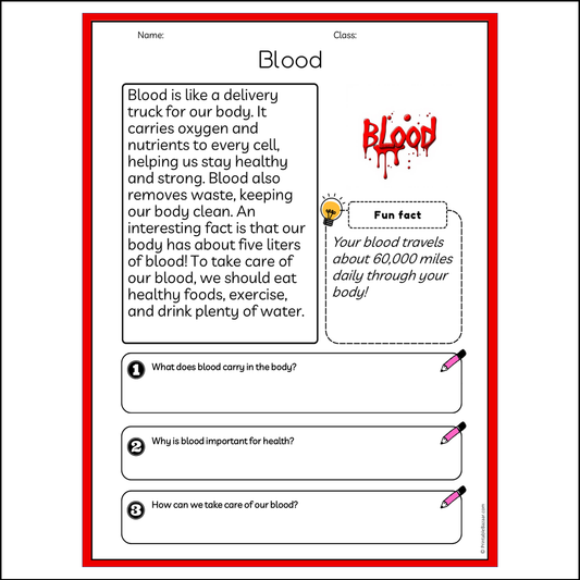 Blood | Reading Passage Comprehension Questions Writing Facts Worksheet