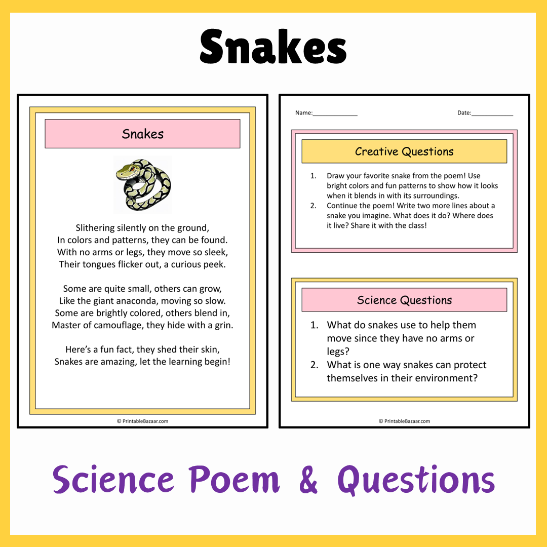 Snakes | Science Poem Reading Comprehension Activity