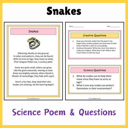 Snakes | Science Poem Reading Comprehension Activity