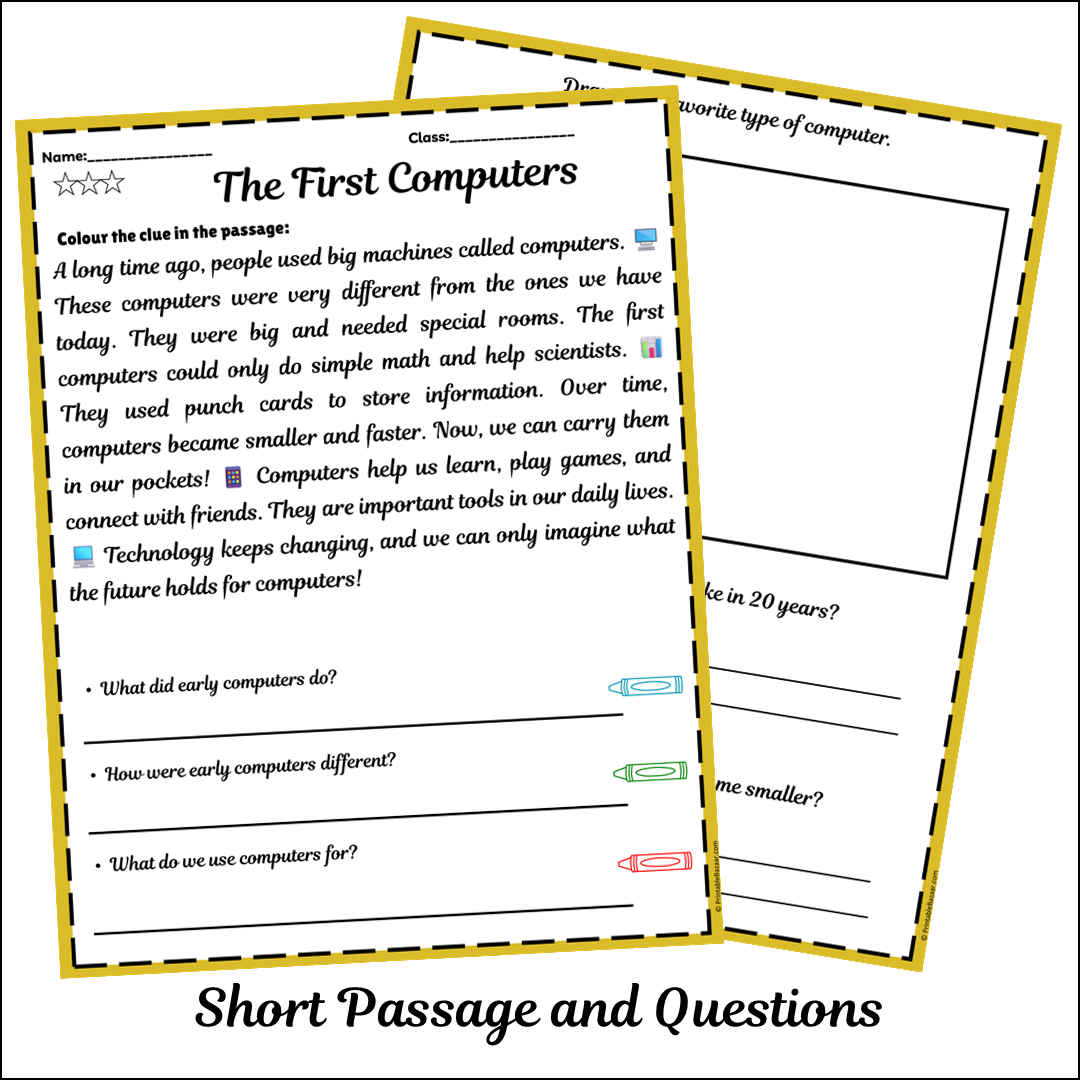 The First Computers | Short Reading Comprehension Creative Worksheet