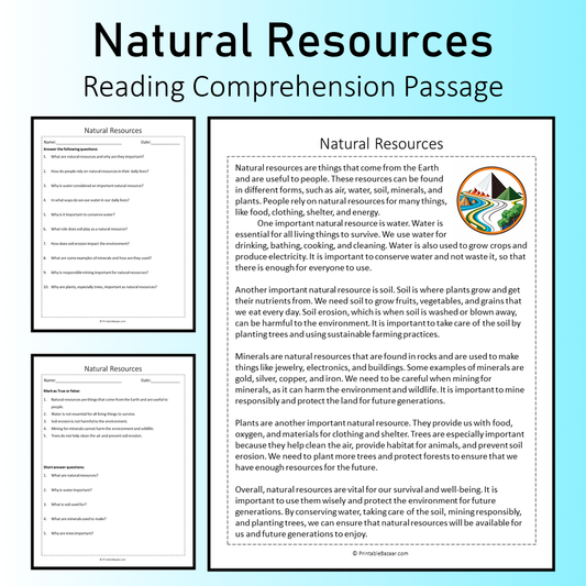 Natural Resources | Reading Comprehension Passage Printable Worksheet