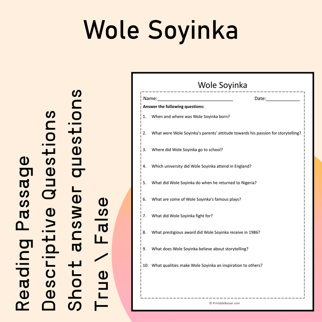 Wole Soyinka | Reading Comprehension Passage Printable Activity