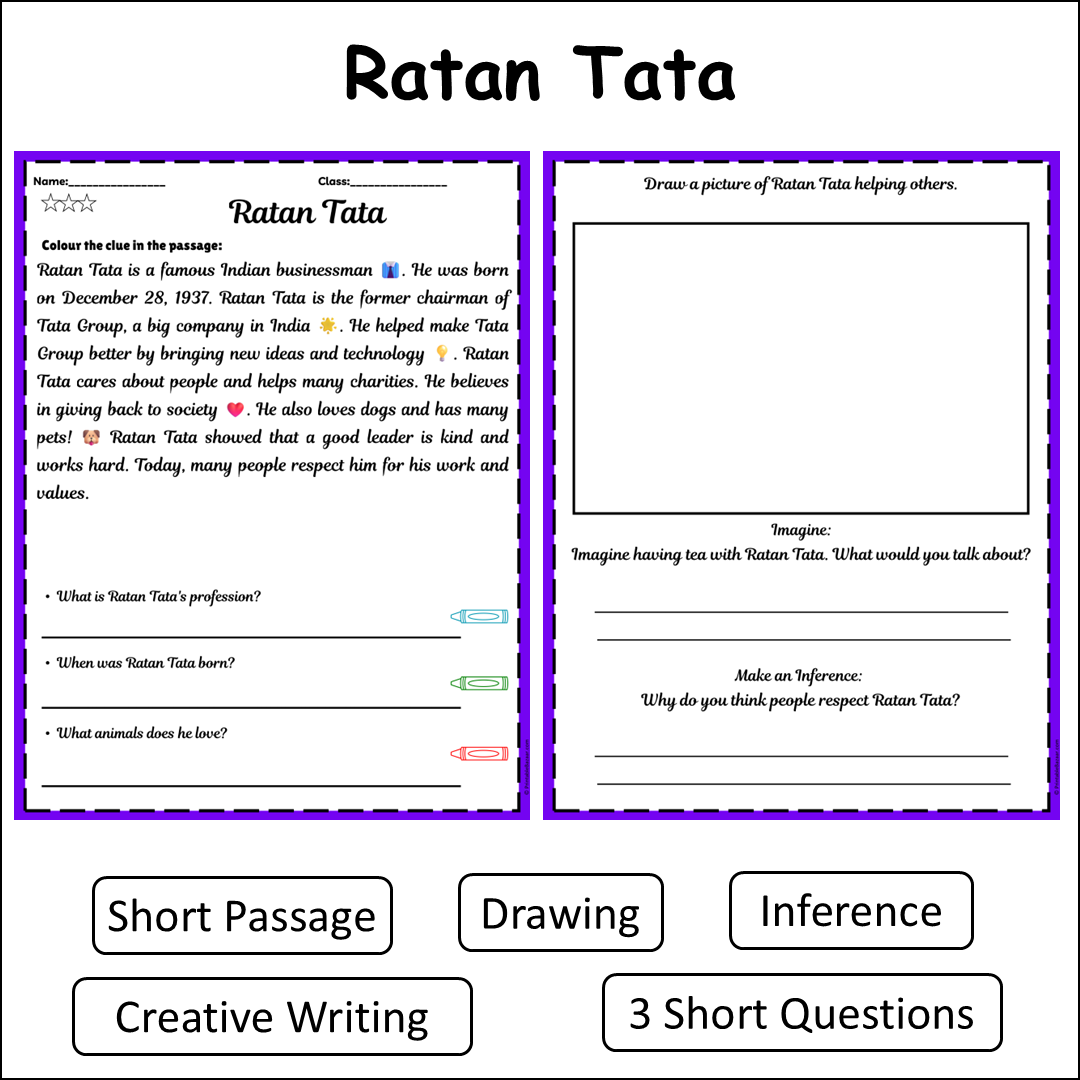 Ratan Tata | Short Reading Comprehension Creative Worksheet