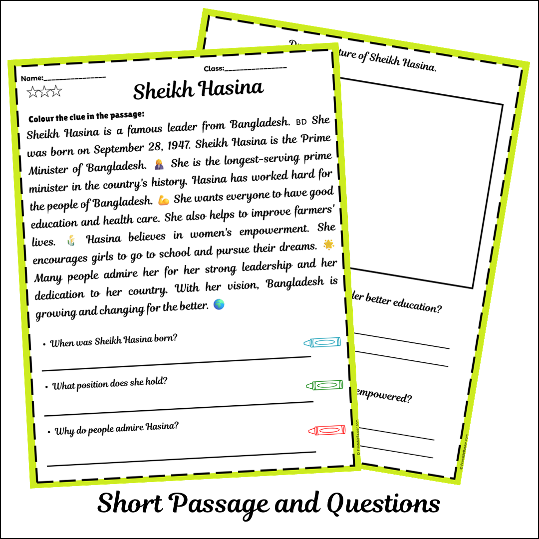 Sheikh Hasina | Short Reading Comprehension Creative Worksheet