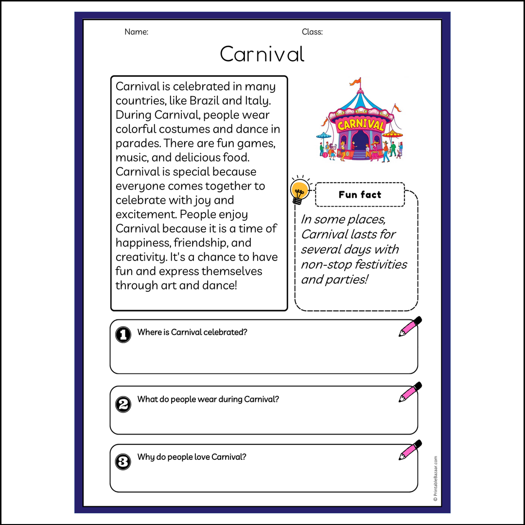 Carnival | Reading Passage Comprehension Questions Writing Facts Worksheet