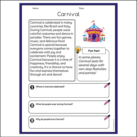 Carnival | Reading Passage Comprehension Questions Writing Facts Worksheet