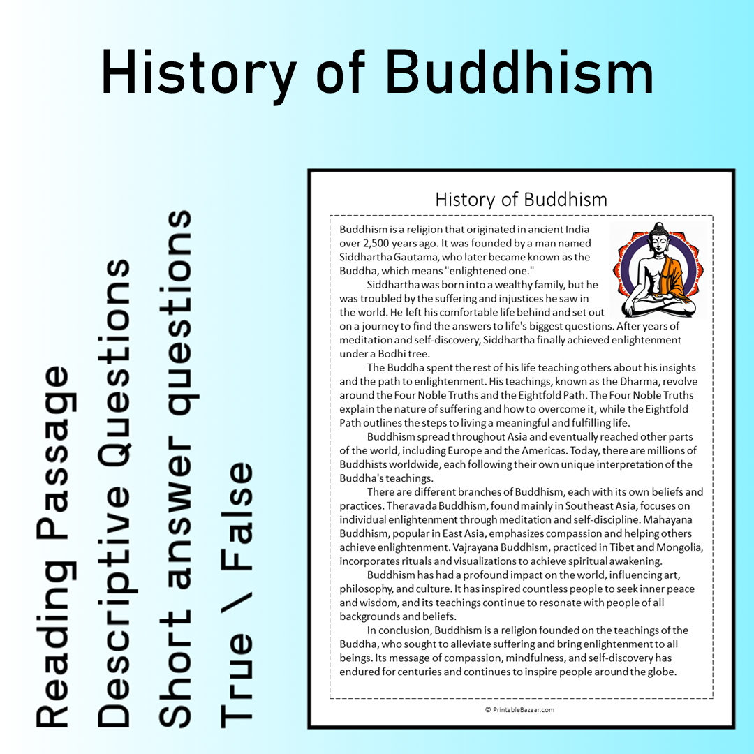 History of Buddhism | Reading Comprehension Passage Printable Worksheet
