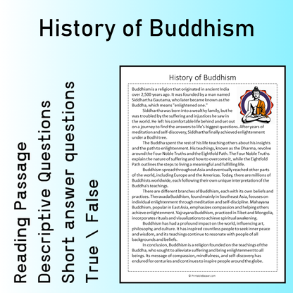 History of Buddhism | Reading Comprehension Passage Printable Worksheet