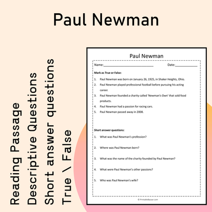 Paul Newman | Reading Comprehension Passage Printable Activity