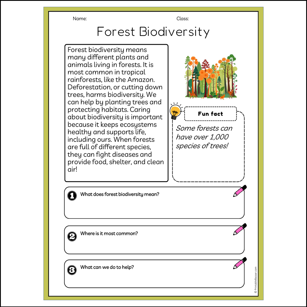 Forest Biodiversity | Reading Passage Comprehension Questions Writing Facts Worksheet