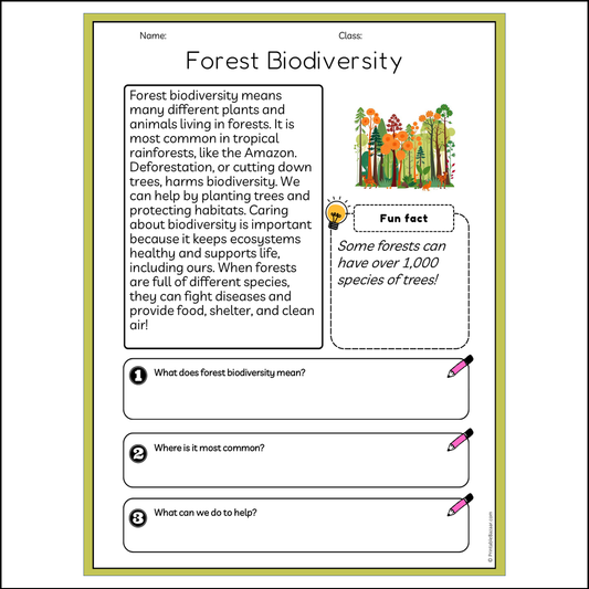 Forest Biodiversity | Reading Passage Comprehension Questions Writing Facts Worksheet