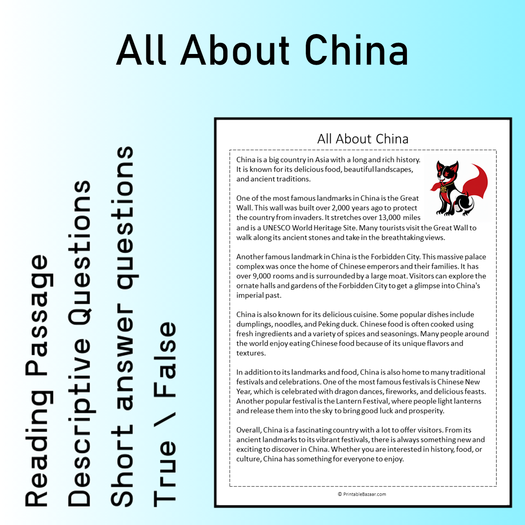 All About China | Reading Comprehension Passage Printable Worksheet