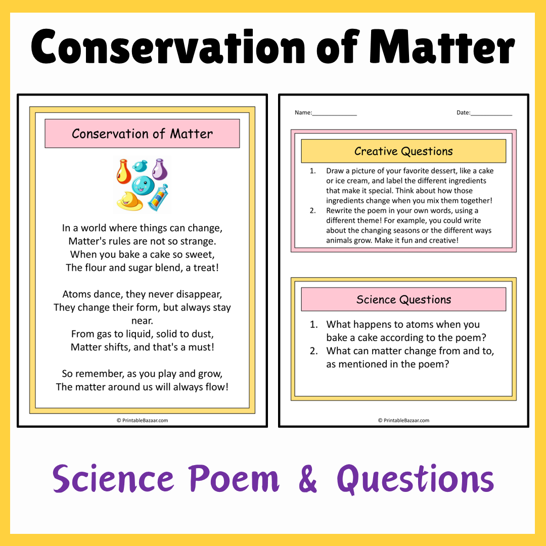 Conservation of Matter | Science Poem Reading Comprehension Activity