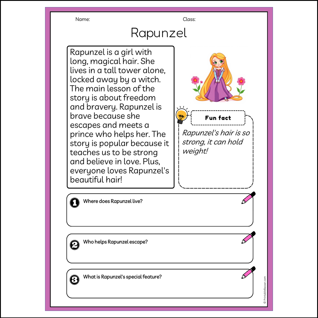 Rapunzel | Reading Passage Comprehension Questions Writing Facts Worksheet