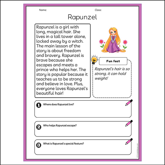 Rapunzel | Reading Passage Comprehension Questions Writing Facts Worksheet