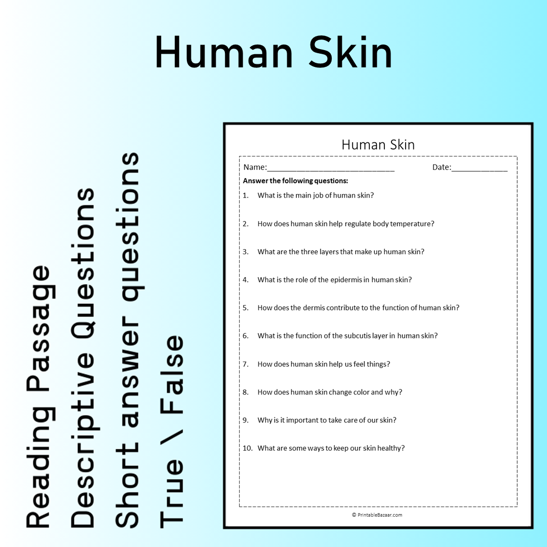 Human Skin | Reading Comprehension Passage Printable Worksheet