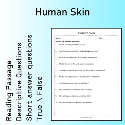 Human Skin | Reading Comprehension Passage Printable Worksheet