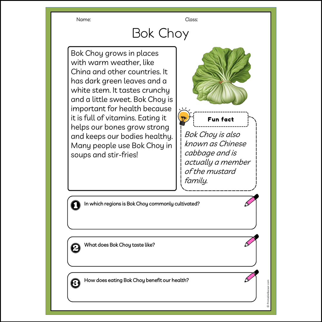 Bok Choy | Reading Passage Comprehension Questions Writing Facts Worksheet