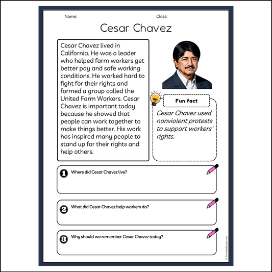 Cesar Chavez | Reading Passage Comprehension Questions Writing Facts Worksheet