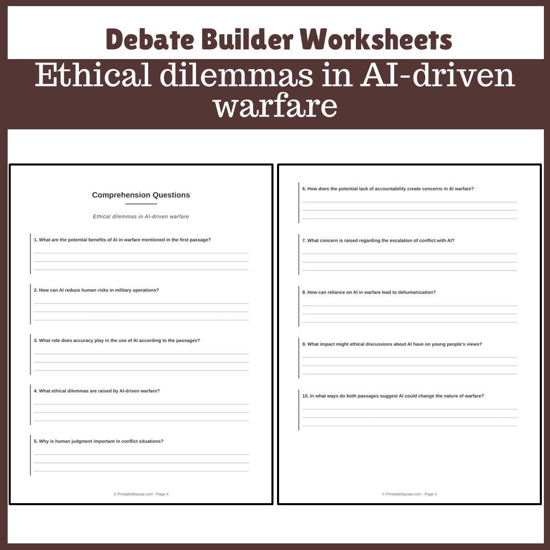 Ethical dilemmas in AI-driven warfare | Favour and Against Worksheet Printable Activity