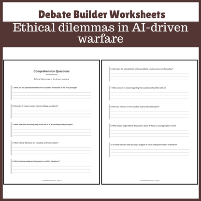 Ethical dilemmas in AI-driven warfare | Favour and Against Worksheet Printable Activity