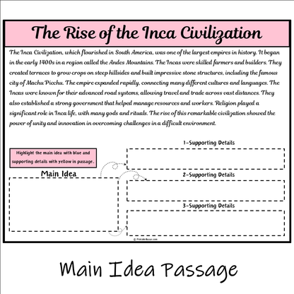 The Rise of the Inca Civilization | Main Idea and Supporting Details Reading Passage and Questions