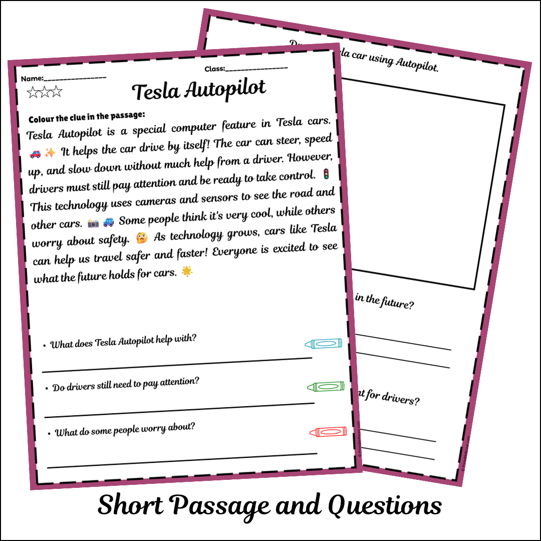 Tesla Autopilot | Short Reading Comprehension Creative Worksheet