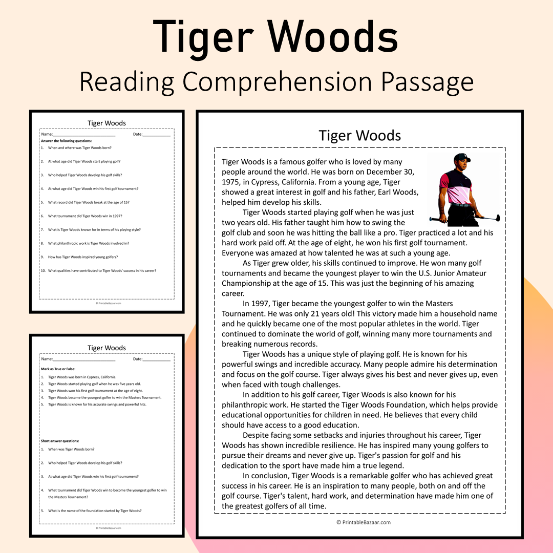 Tiger Woods | Reading Comprehension Passage Printable Activity