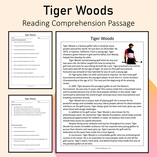 Tiger Woods | Reading Comprehension Passage Printable Activity