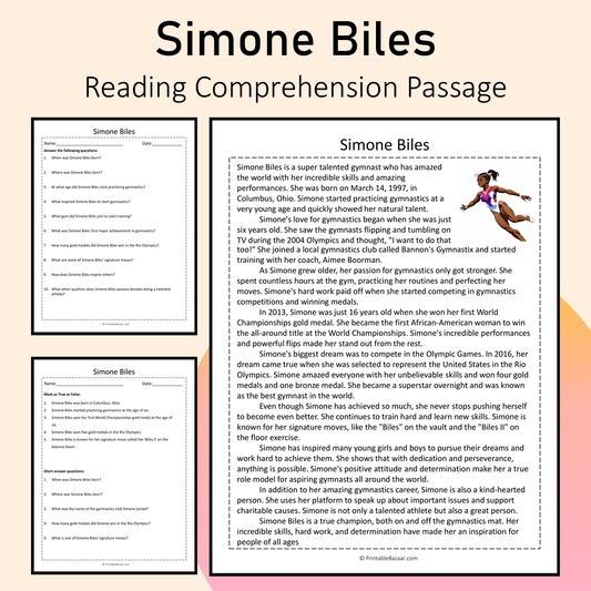 Simone Biles | Reading Comprehension Passage Printable Activity