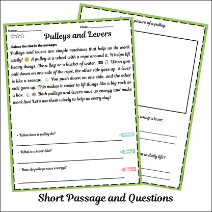 Pulleys and Levers | Short Reading Comprehension Creative Worksheet