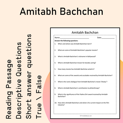 Amitabh Bachchan | Reading Comprehension Passage Printable Activity