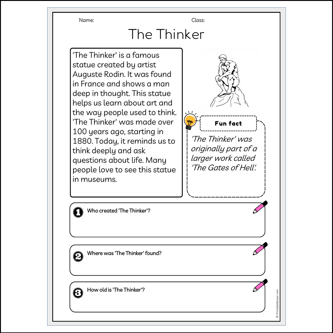 The Thinker | Reading Passage Comprehension Questions Writing Facts Worksheet