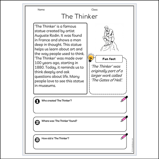 The Thinker | Reading Passage Comprehension Questions Writing Facts Worksheet