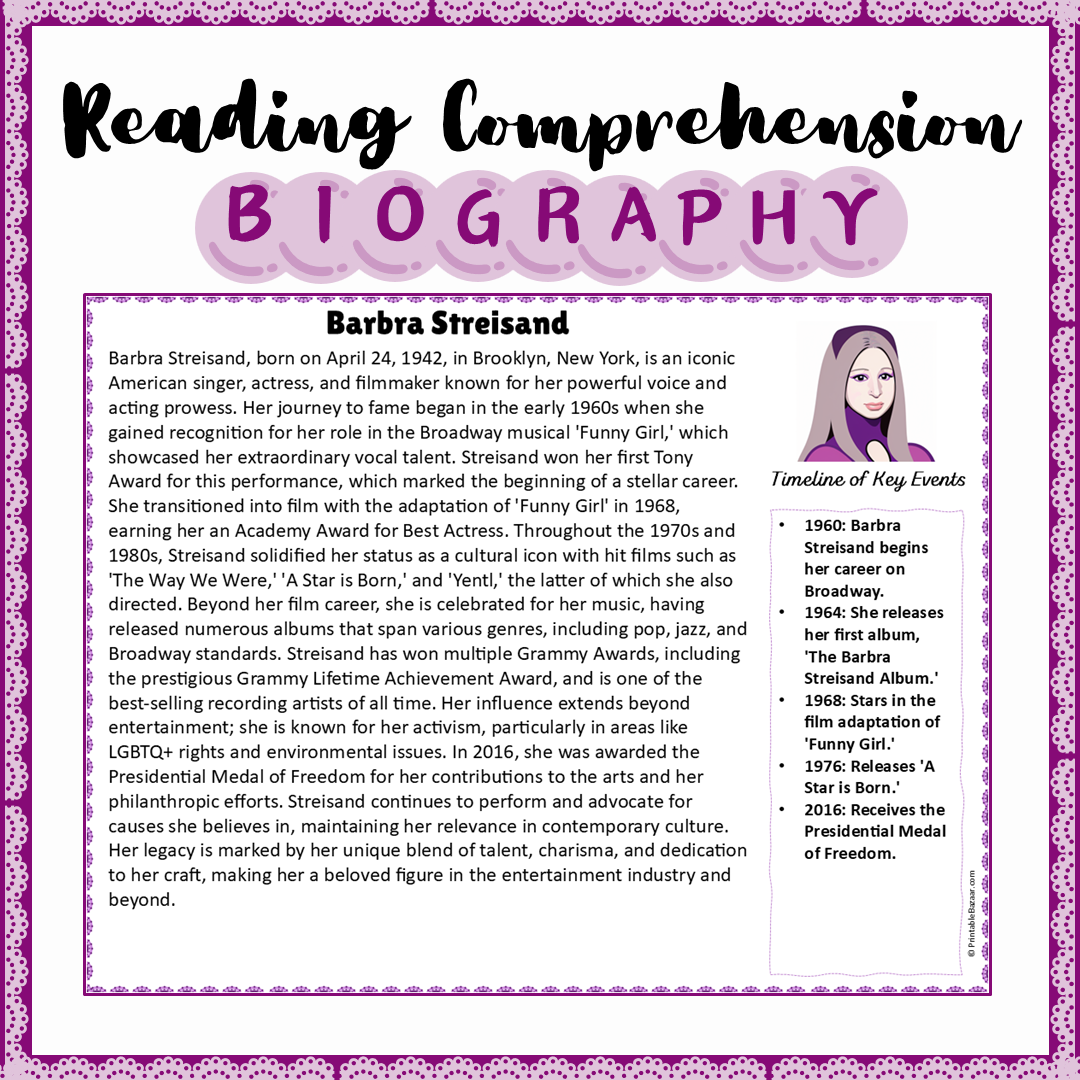 Barbra Streisand | Biography Reading Comprehension and Questions Worksheet