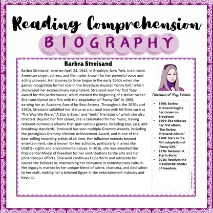 Barbra Streisand | Biography Reading Comprehension and Questions Worksheet