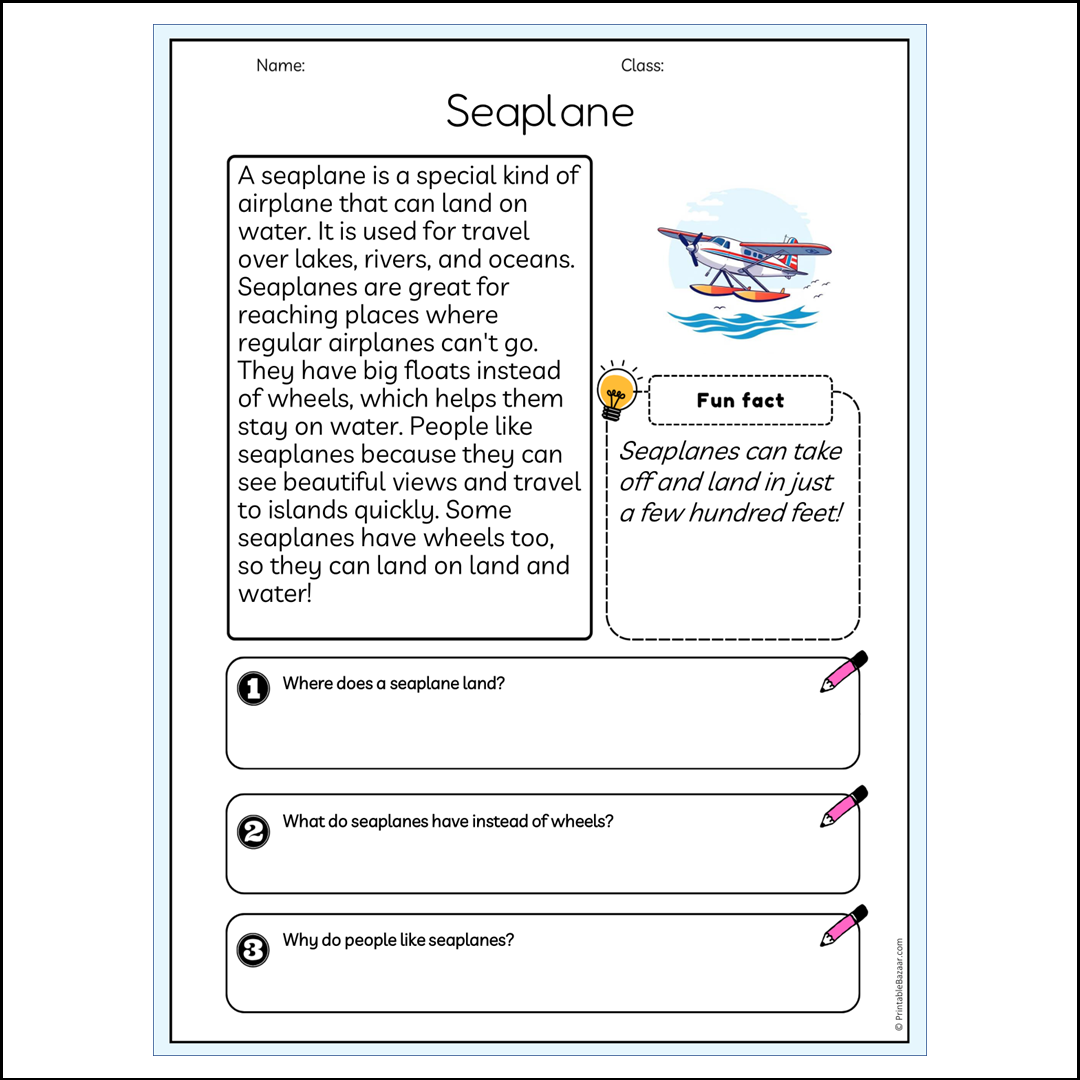 Seaplane | Reading Passage Comprehension Questions Writing Facts Worksheet